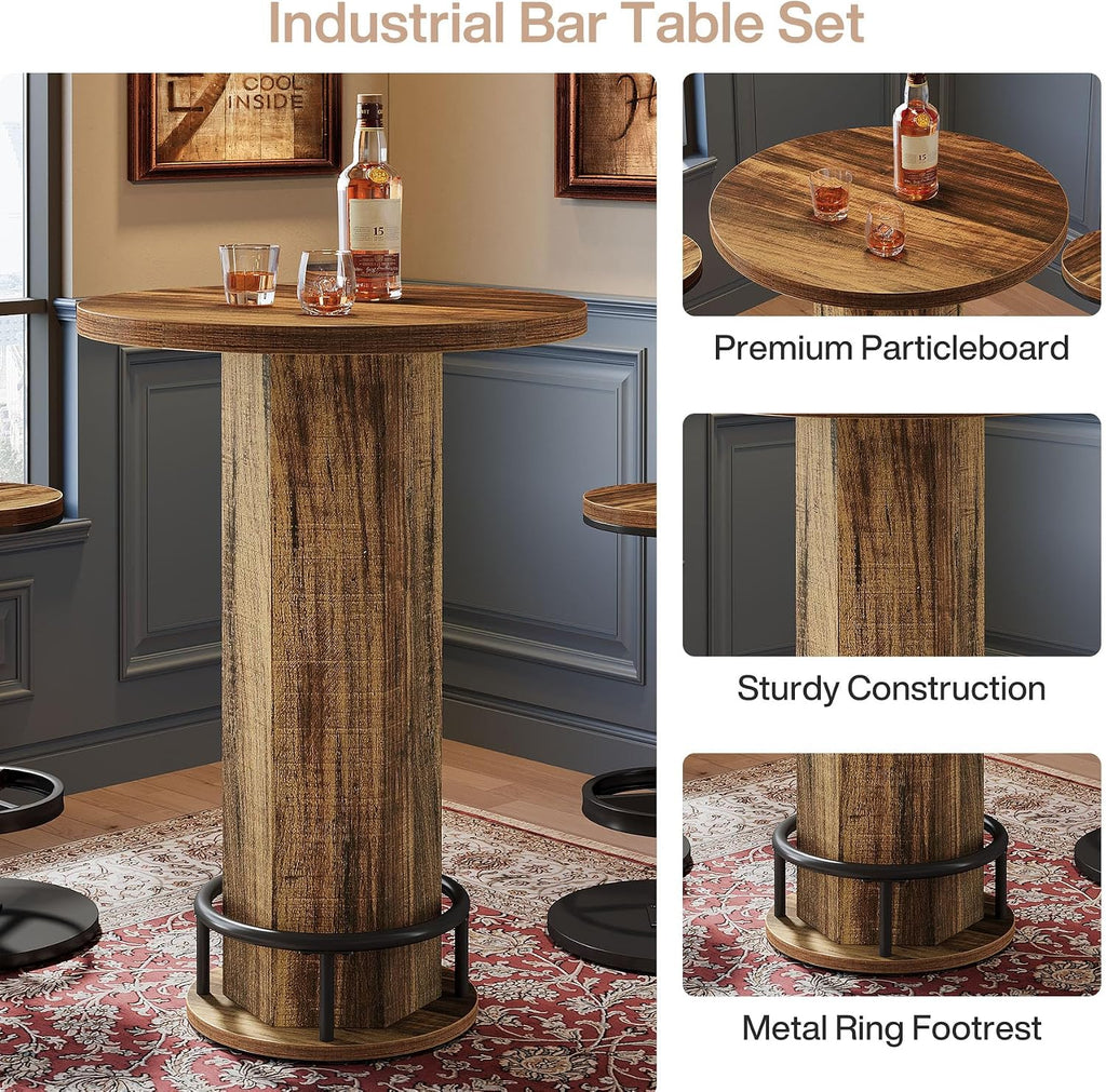 Tribesigns Round Bar Table Set of 2, Industrial Bistro Sets with 2 barstools, Pub Cocktail Table with Metal Ring Footrest for Kitchen Nook, Apartment, Small Space