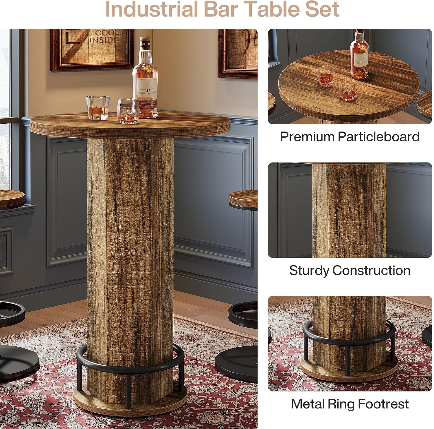 Tribesigns Round Bar Table Set of 2, Industrial Bistro Sets with 2 barstools, Pub Cocktail Table with Metal Ring Footrest for Kitchen Nook, Apartment, Small Space