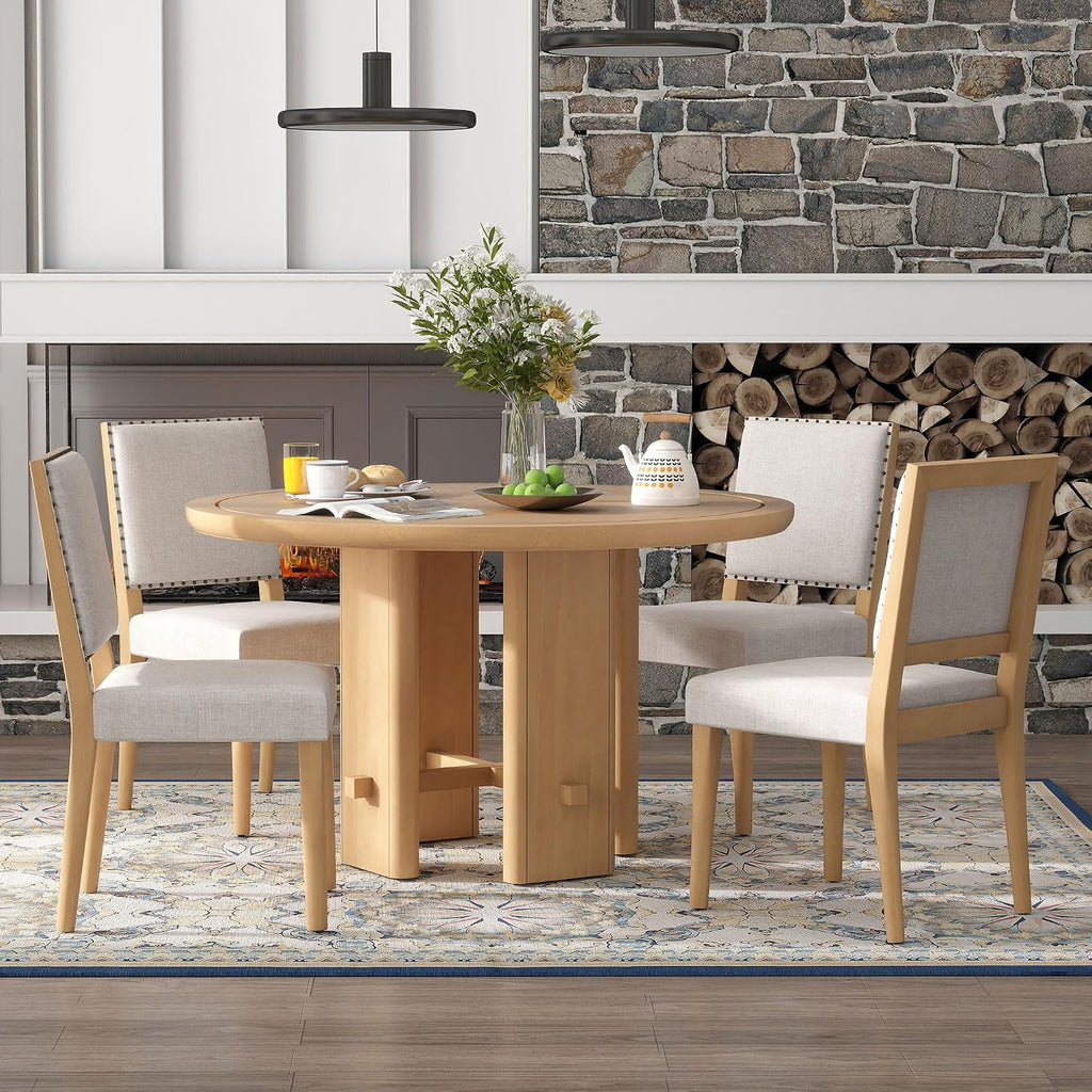 Merax 5-Piece Round Dining Table Set for 4, Minimalist Farmhouse Dining Table with 4 Upholstered Chairs, Kitchen & Dining Room Sets, Beige+Natural