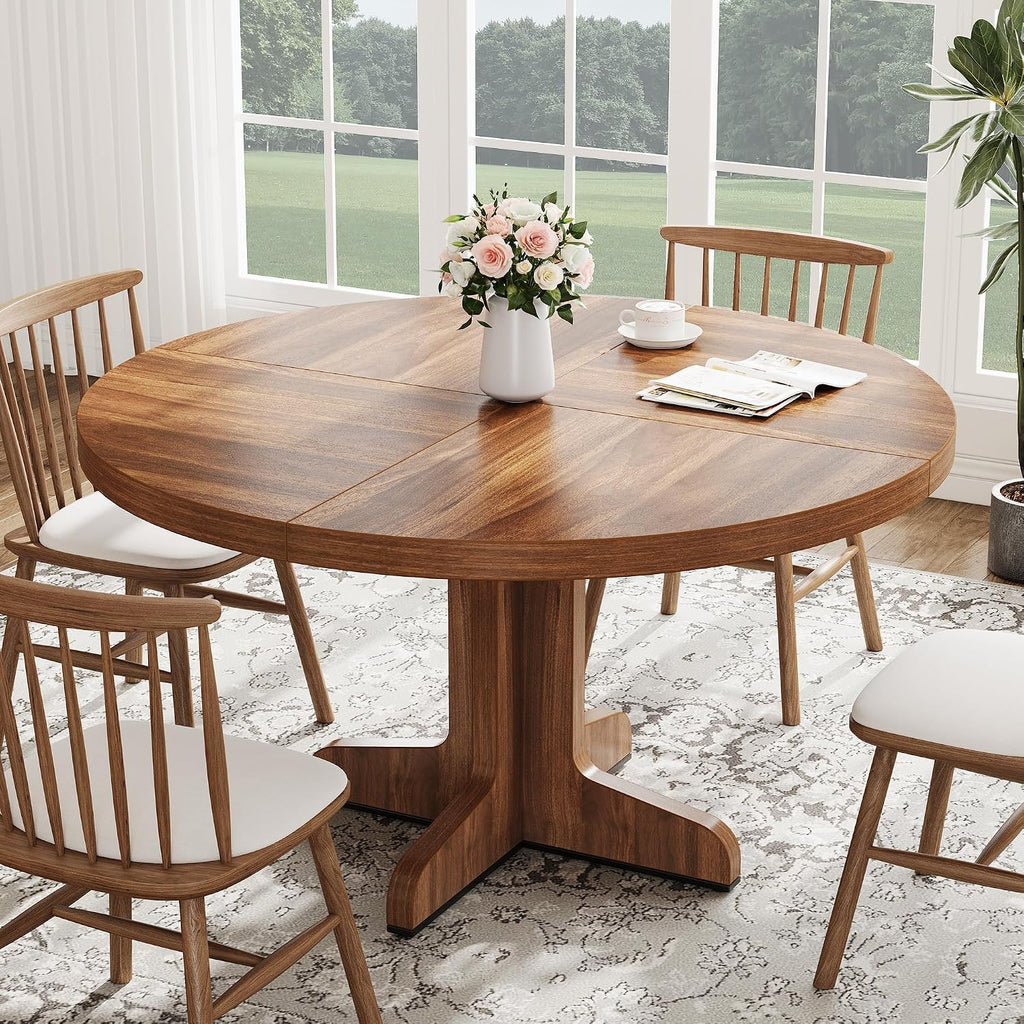 IDEALHOUSE Round Dining Table for 4, 47 Inches Dining Room Table with Wooden Base, Circle Kitchen Dinner Table for Dining Room, Kitchen, Living Room (Table Only), Walnut