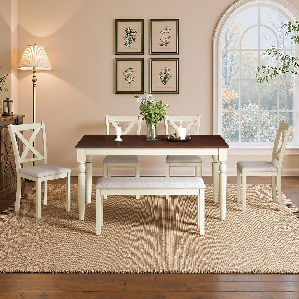 LUXOAK 60' Solid Wood Dining Table Set for 6, Farmhouse Kitchen Table with 4 Upholstered Chairs & Bench, 6-Piece Dining Room & Living Room Furniture, Cream White