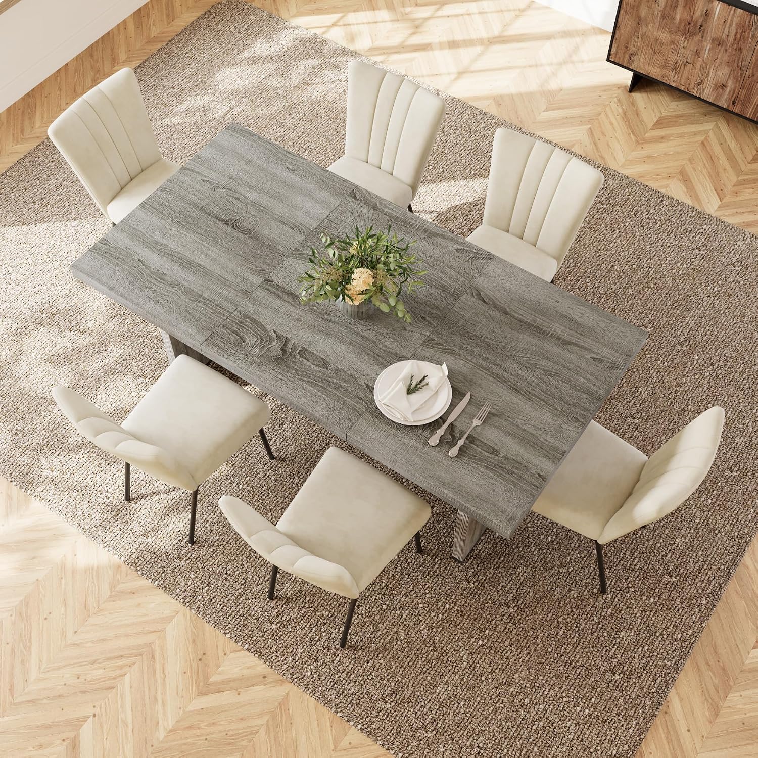 HIPIHOM 7-Piece Dining Table Set for 6 People, 70.8' MDF Kitchen Table with 6 Velvet Chairs, Space-Saving for Dining Room, Breakfast Nook(Grey Table+6 Beige Chairs)