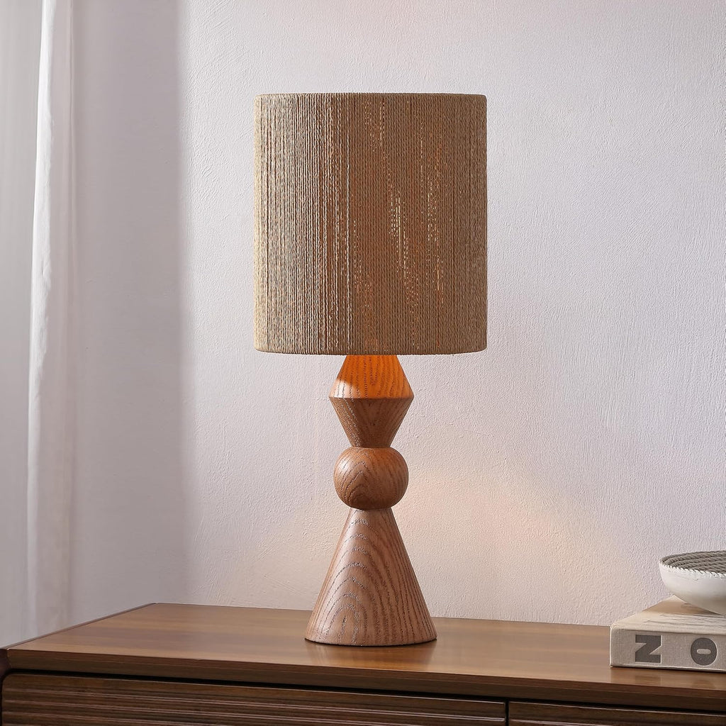 JONATHAN Y 23.5' Brown Wood Finish Rustic Table Lamp for Living Room Bedroom with Brown Paper Rope Shade, Modern Farmhouse Resin Nightstand Lamp, LED Bulb Included JYL9202A