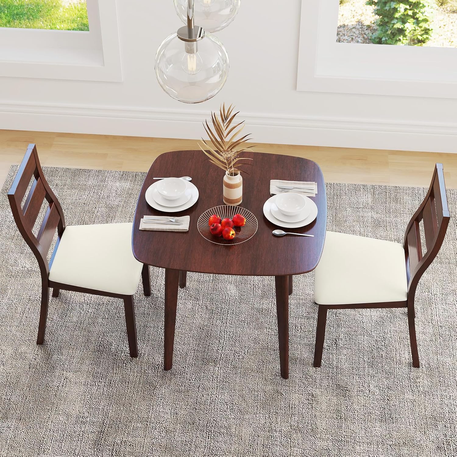 Giantex Small Dining Table Set for 2, Wood Square Kitchen Table and 2 Dinner Chairs with Upholstered Seat & Curved Backrest, Space-Saving Dinette Set for Small Space, Living Room, Dining Room