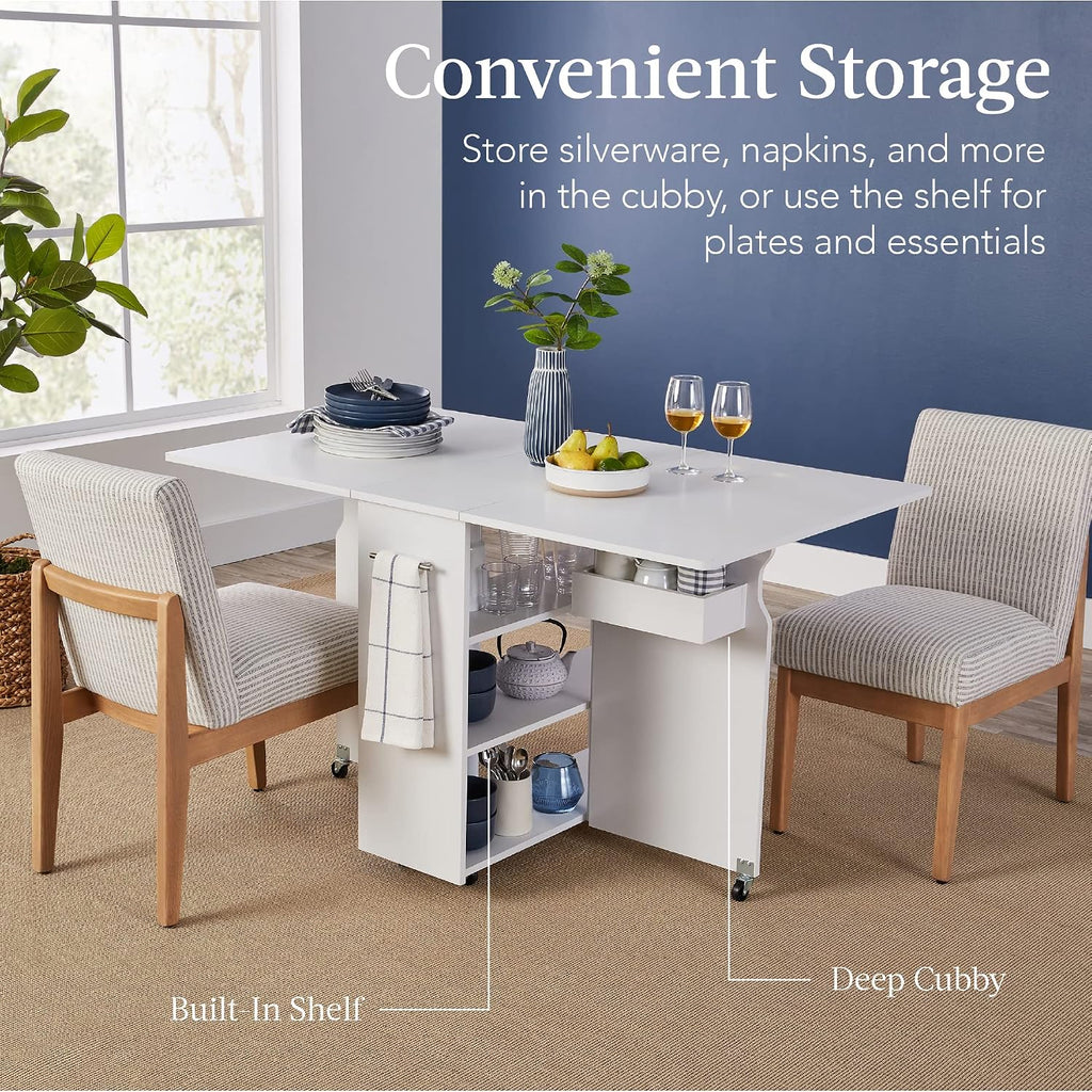 Best Choice Products Folding Dining Table, Multipurpose Space Saving Collapsible Drop Leaf Extension Desk w/Wheels, 3 Storage Shelves - White