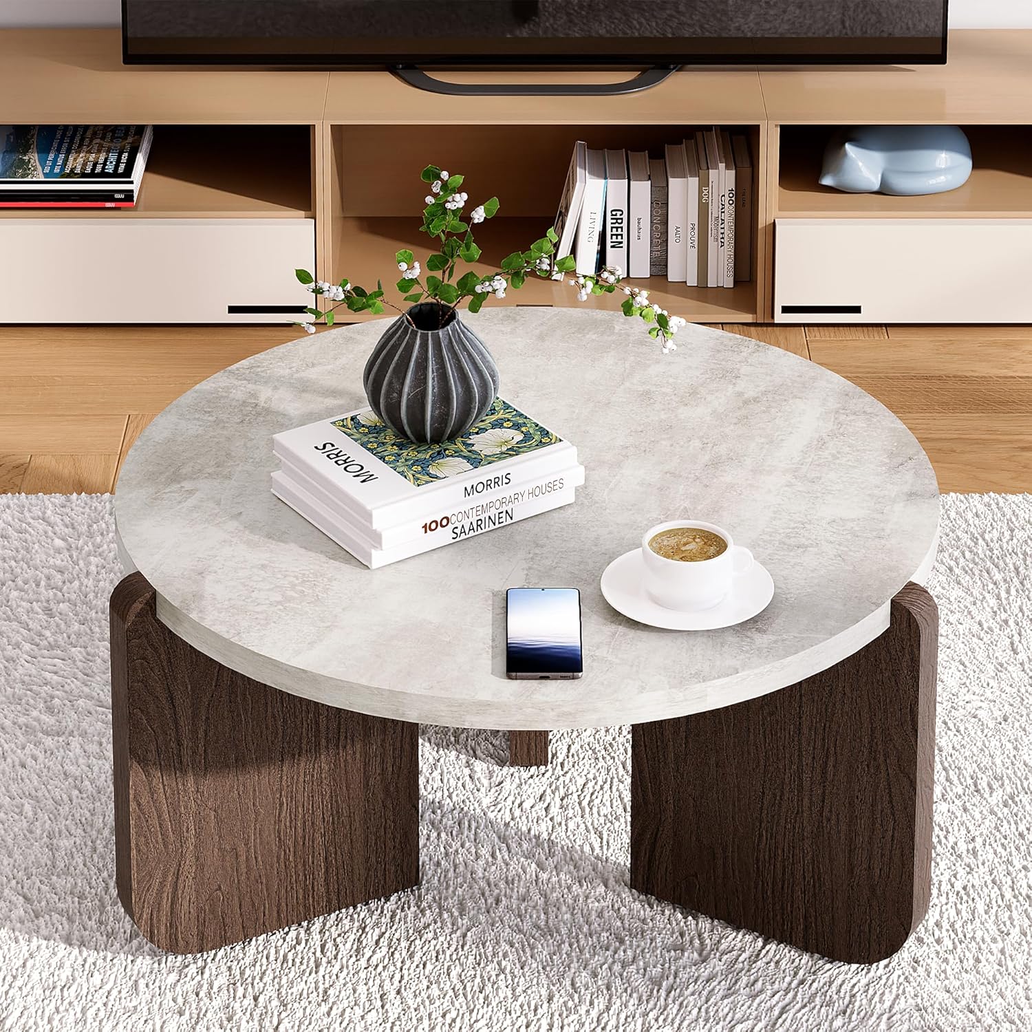 SUNBURY Modern Round Coffee Table with Sturdy Base, Wood Center Tables for Living Room Reception Room, Faux Marble Tabletop, Easy Assemble