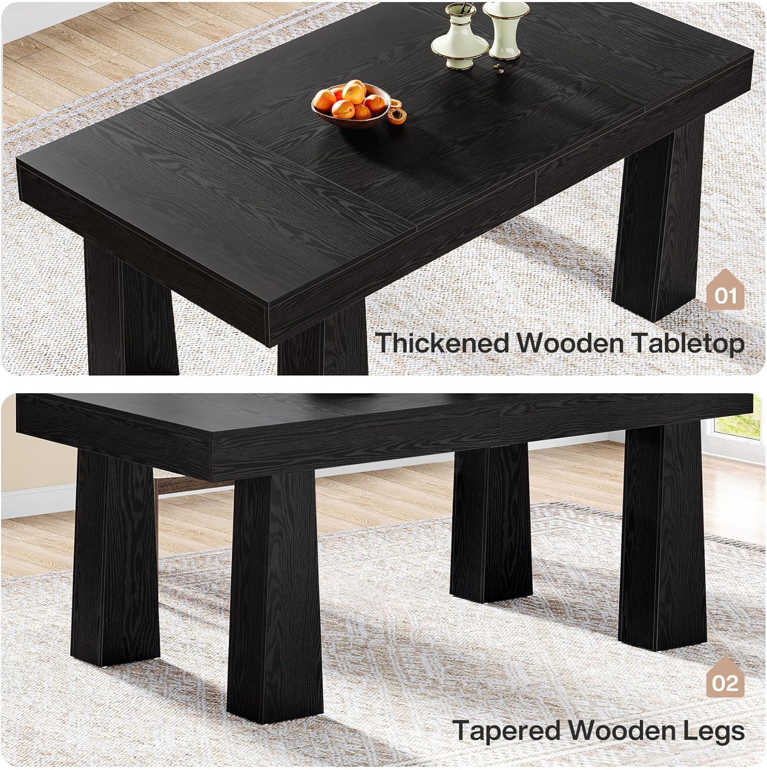Tribesigns 63'' Dining Table, Modern Rectangular Kitchen Table with Heavy Duty Tapered Legs, Black Business Dinner Table for Dining Room, Cafe, Restaurant, Easy Assembly (1, Black)
