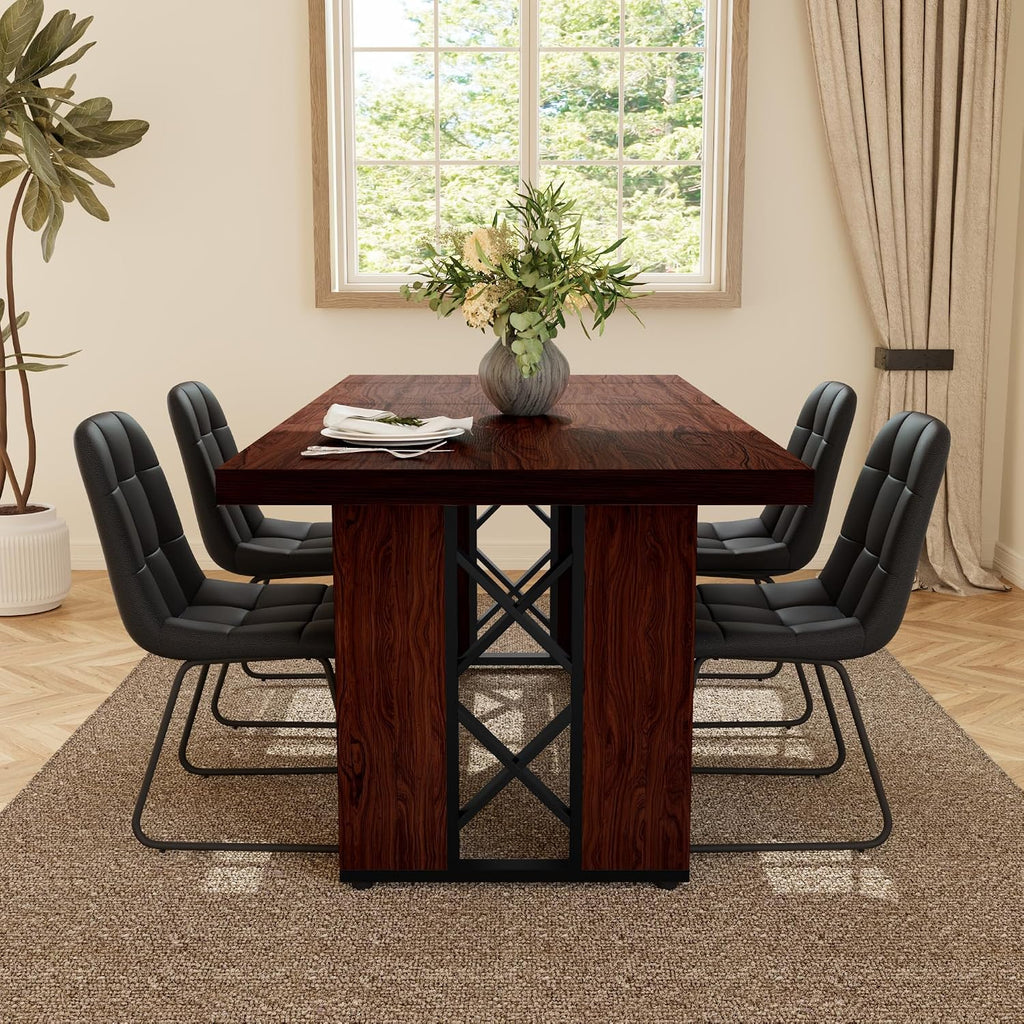 HIPIHOM 7-Piece Dining Table Set for 6 People, 70.8' MDF Kitchen Table with 6 Upholstered Chairs, Space-Saving for Dining Room, Breakfast Nook(Walnut Table+6 U-Shaped Black Chairs)