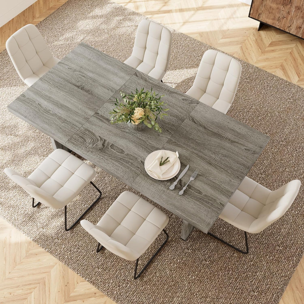 HIPIHOM 7-Piece Dining Table Set for 6 People, 70.8' MDF Kitchen Table with 6 Upholstered Chairs, Space-Saving for Dining Room, Breakfast Nook(Grey Table+6 White Chairs)
