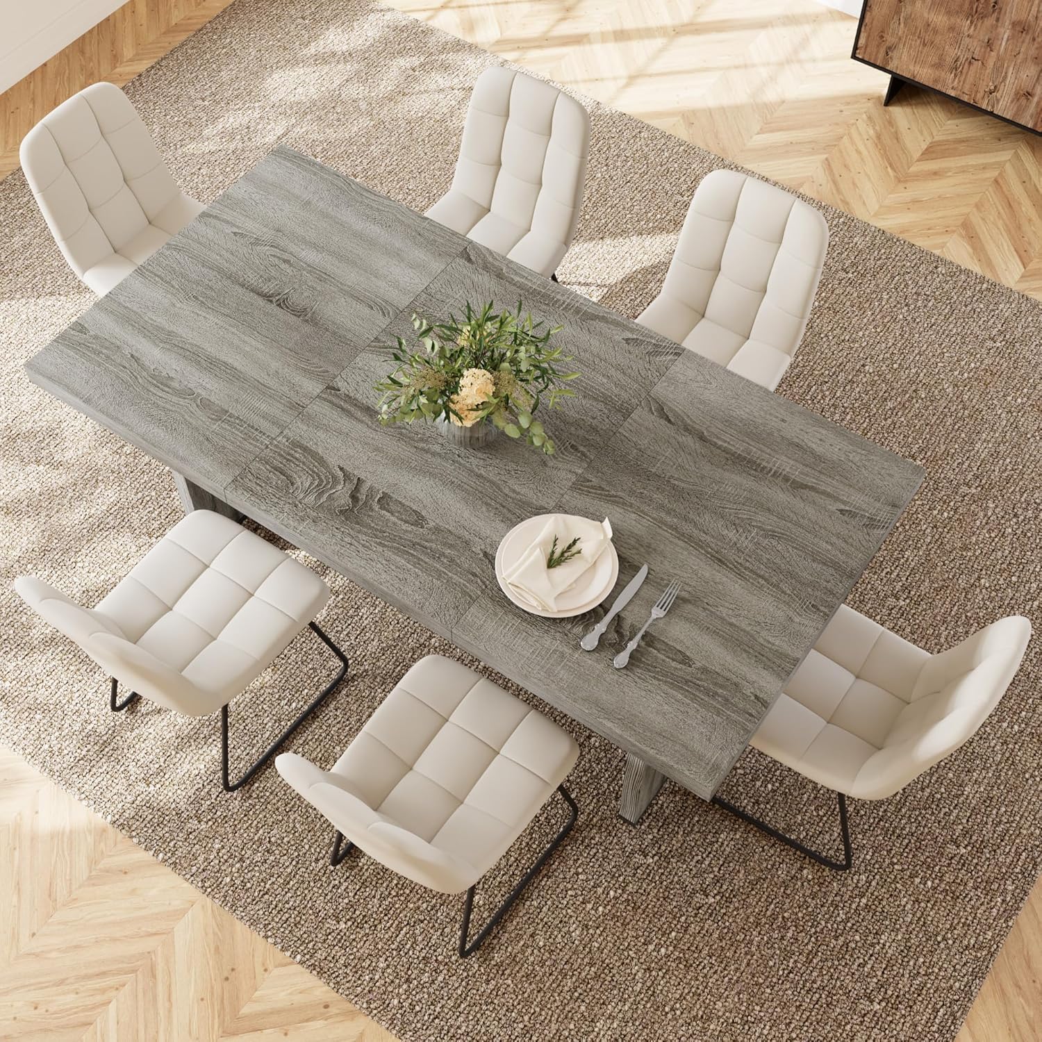 HIPIHOM 7-Piece Dining Table Set for 6 People, 70.8' MDF Kitchen Table with 6 Upholstered Chairs, Space-Saving for Dining Room, Breakfast Nook(Grey Table+6 White Chairs)