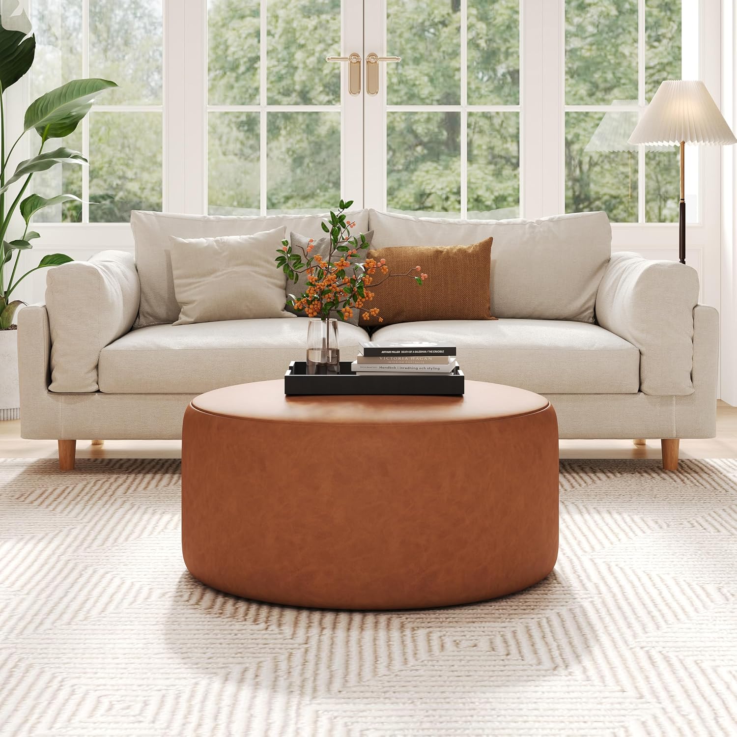 Christopher Knight Home GAVI PU Leather Ottoman Foot Stool, 30' Pouf Footstool Ottoman Seat, Upholstered Foot Chair, Round Footrest, Modern Side Table for Living Room Bedroom Home Decor, Cognac Brown