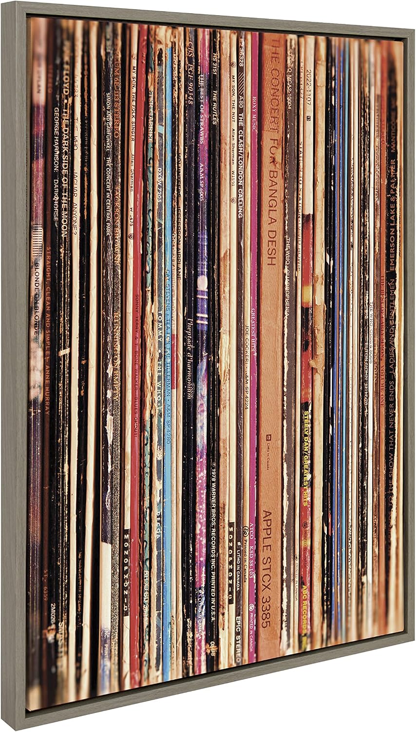 Kate and Laurel Sylvie Records 33RPM, Victrola Record Player and Vinyl Vibes Framed Canvas Wall Art Set by Various Artists, Set of 3, two 16x20 and one 23x33 Gray Frames, Bohemian Vinyl Record Art