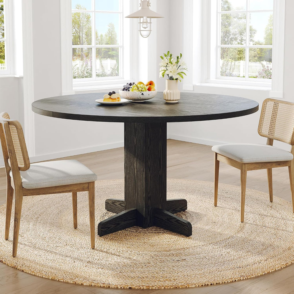 IDEALHOUSE Round Dining Table for 4-6 People, 47' Wood Kitchen Table with Sturdy Pedestal Base, Farmhouse Circle Dinner Tables for Dining Room, Living Room, Apartment, Black