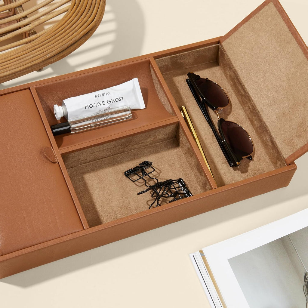Leatherology Cognac Deluxe Valet Tray – Jewelry & Watch Organizer with Covered and Open Compartments, Microsuede Lining – Elegant Catchall for Bedroom, Closet or Bathroom