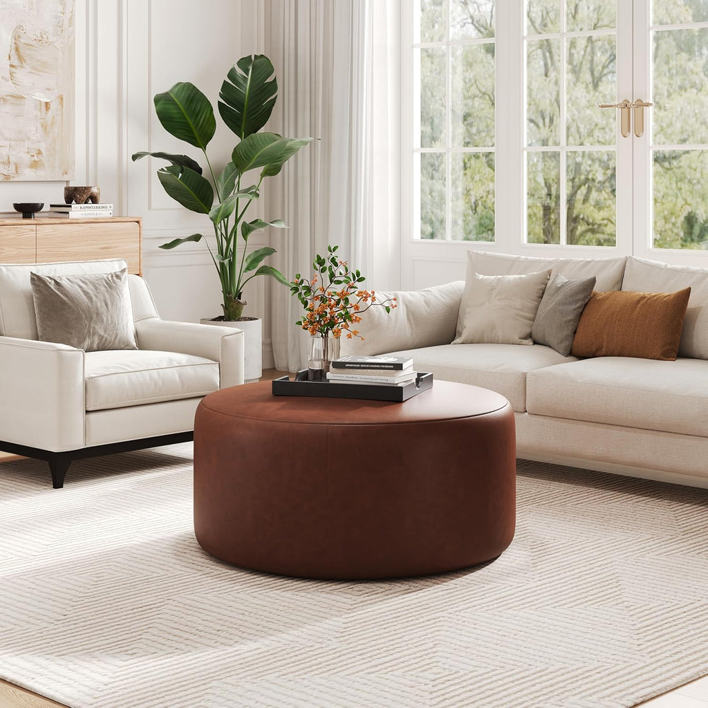 Christopher Knight Home GAVI 30' Ottoman Foot Stool, Faux Leather Pouf Footstool Ottoman Seat, Upholstered Foot Chair, Round Footrest, Modern Side Table for Living Room Bedroom Home Decor, Brown