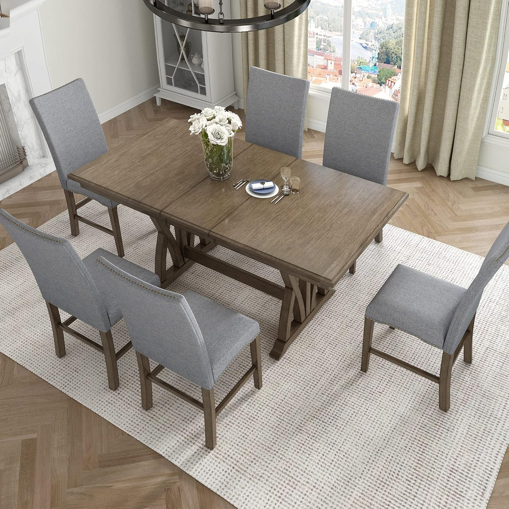 Merax Mid-Century 7-Piece Dining Table Set, Extendable Kitchen Table Set with Upholstered Chairs Set for 6, Golden Brown+Gray