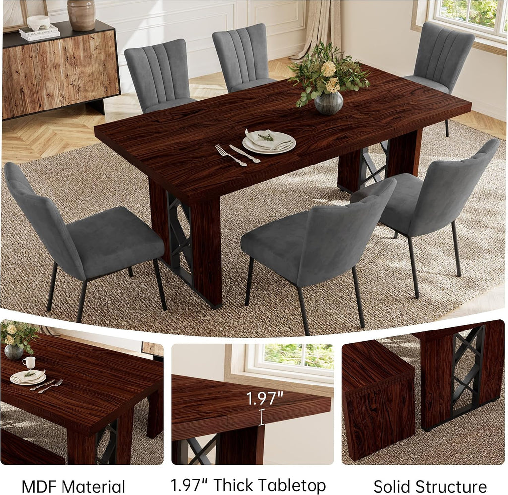 HIPIHOM 7-Piece Dining Table Set for 6 People, 70.8' MDF Kitchen Table with 6 Velvet Chairs, Space-Saving for Dining Room, Breakfast Nook(Walnut Table+6 Grey Chairs)