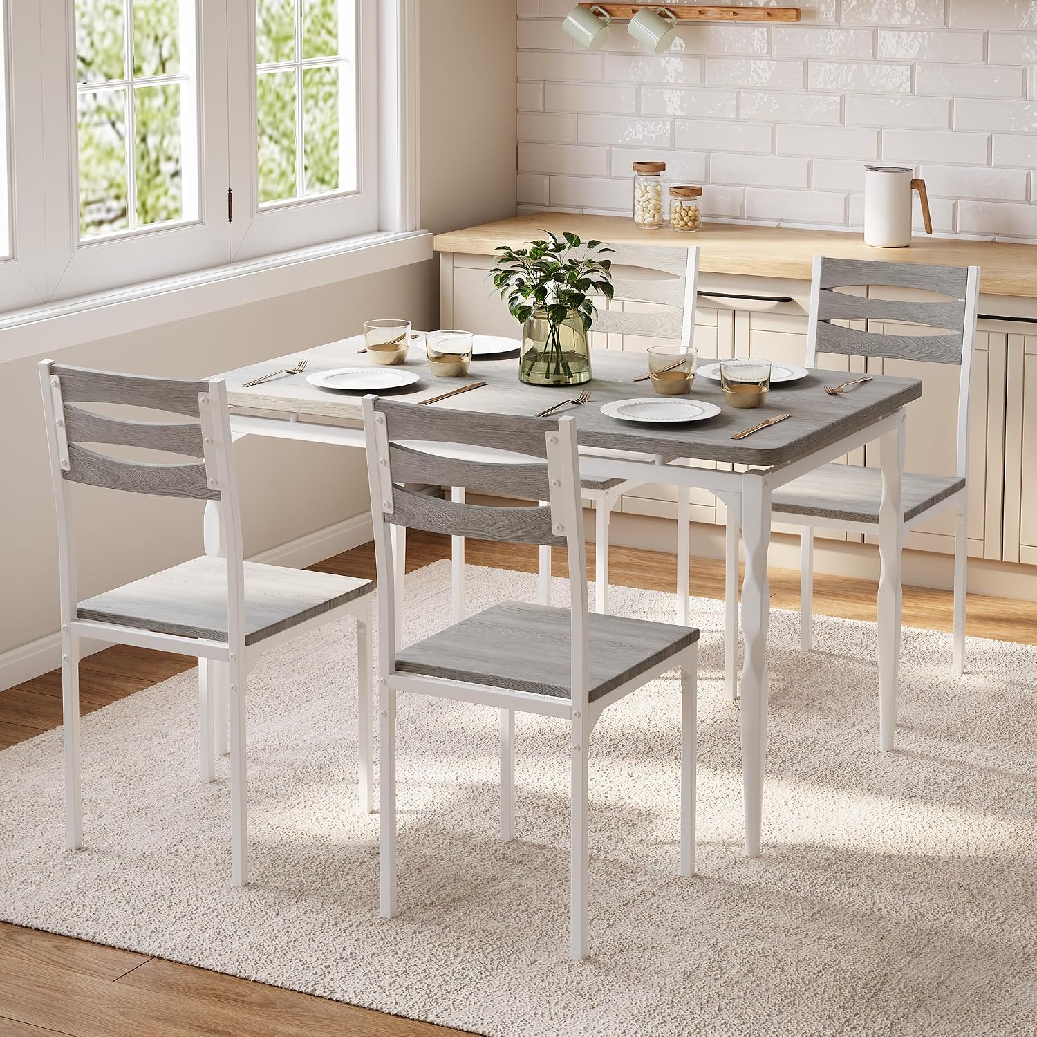 GarveeHome 5 Piece Dining Table Set, Industrial Style Dining Table and Chairs Set for 4, Kitchen Table Set for Dining Room Kitchen Apartment, Grey