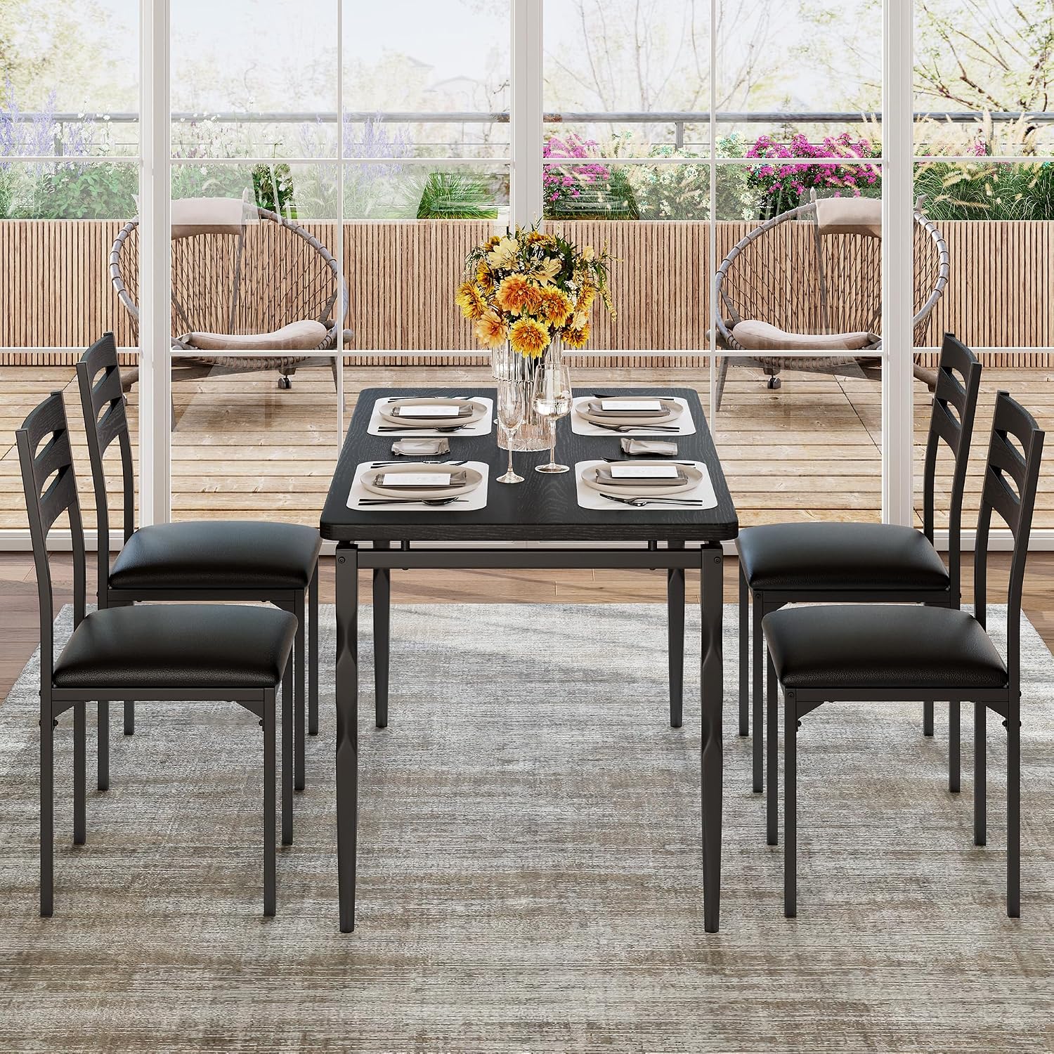 Garvee 5 Piecs Dining Table Set, Farmhouse Style Dining Table and Chairs Set for 4, Dining Set for Dining Room Kitchen Apartment, Black