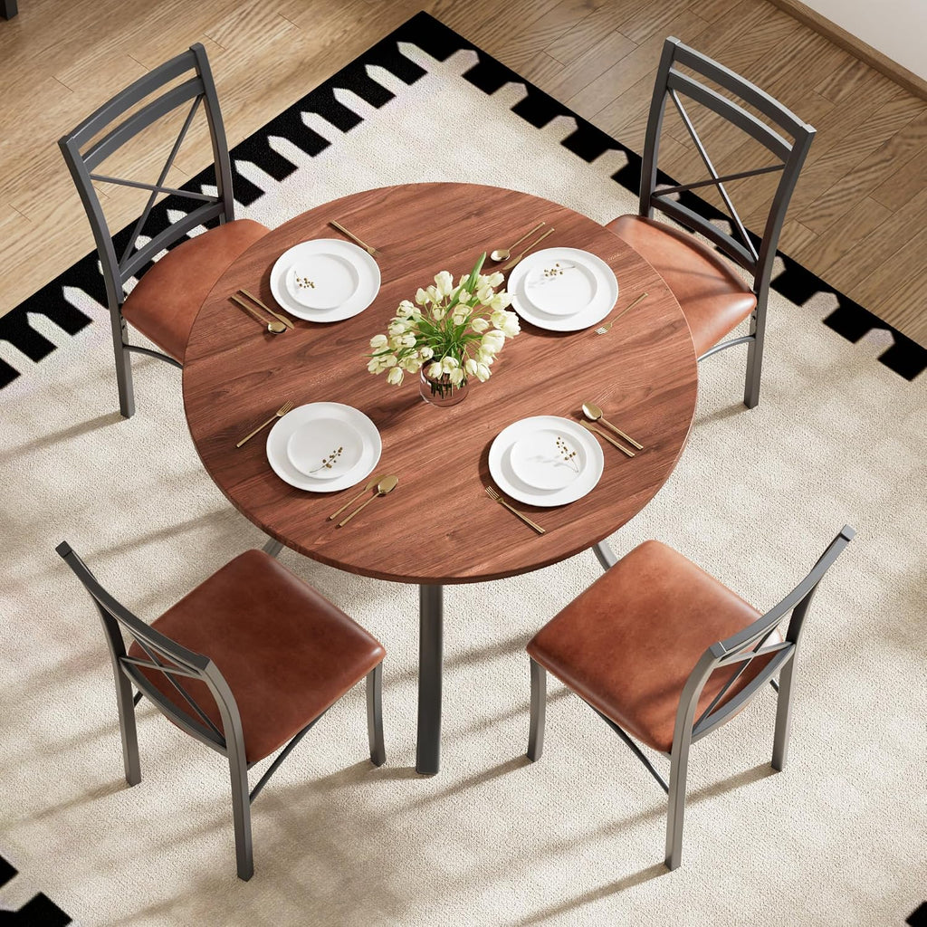 VECELO 5 Piece Dining Table Set for 4 with Chairs, Wood Grain Tabletop, Small Space, Kitchen, Breakfast Nook, Brown
