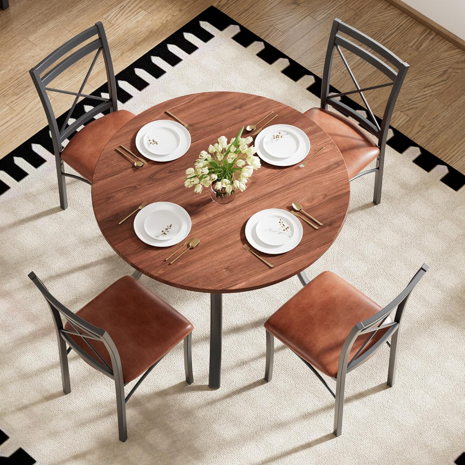 VECELO 5 Piece Dining Table Set for 4 with Chairs, Wood Grain Tabletop, Small Space, Kitchen, Breakfast Nook, Brown
