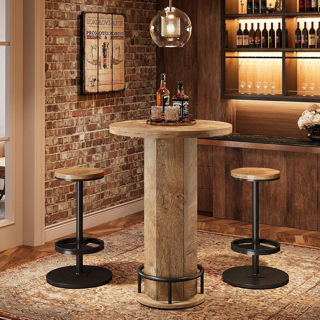 Tribesigns Round Bar Table with Chairs, Industrial Bistro Sets with 2 barstools, Pub Cocktail Table with Metal Ring Footrest for Kitchen Nook, Apartment, Small Space