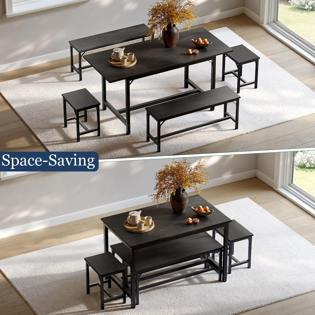 Tatub 5-Piece Dining Table Set for 4-8, 63' Extendable Dining Room Table with 2 Benches and 2 Square Stools, Space Saving Rectangle Kitchen Table Set for Breakfast Nook and Small Space, Black