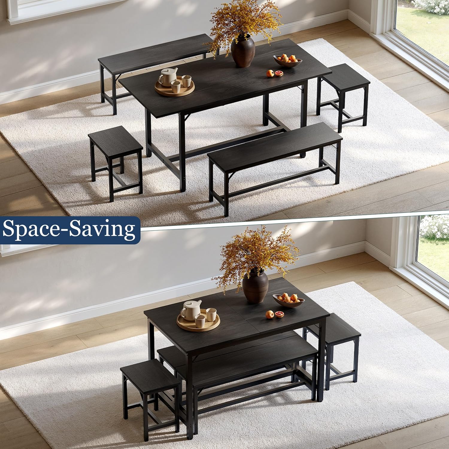 Tatub 5-Piece Dining Table Set for 4-8, 63' Extendable Dining Room Table with 2 Benches and 2 Square Stools, Space Saving Rectangle Kitchen Table Set for Breakfast Nook and Small Space, Black