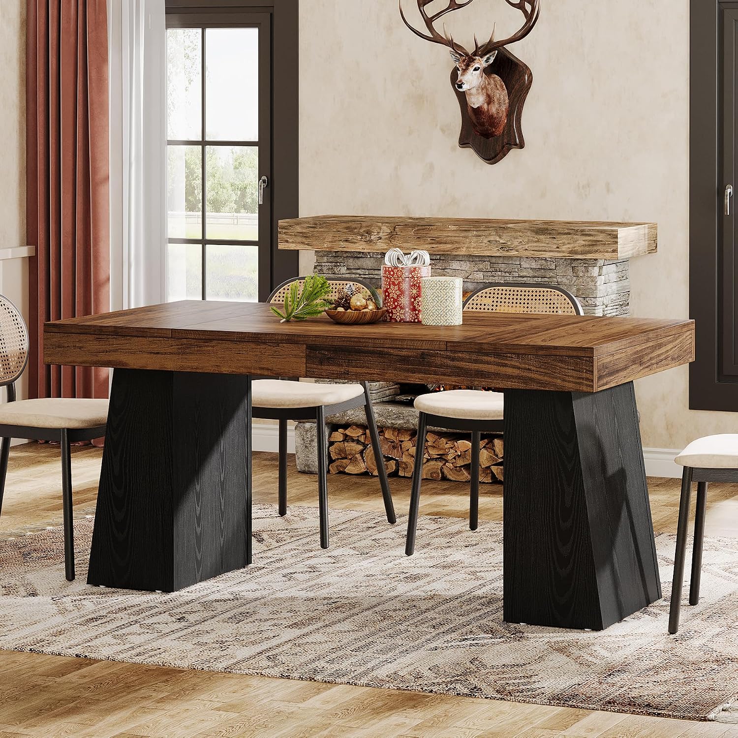 Tribesigns 55-Inch Dining Room Table for 4, Mid-Century Modern Dining Table with Double Pedstral, Rectangular Wood Kitchen Dinner Tables for Dining Room, Kitchen, Home, Black & Brown (Only Table)