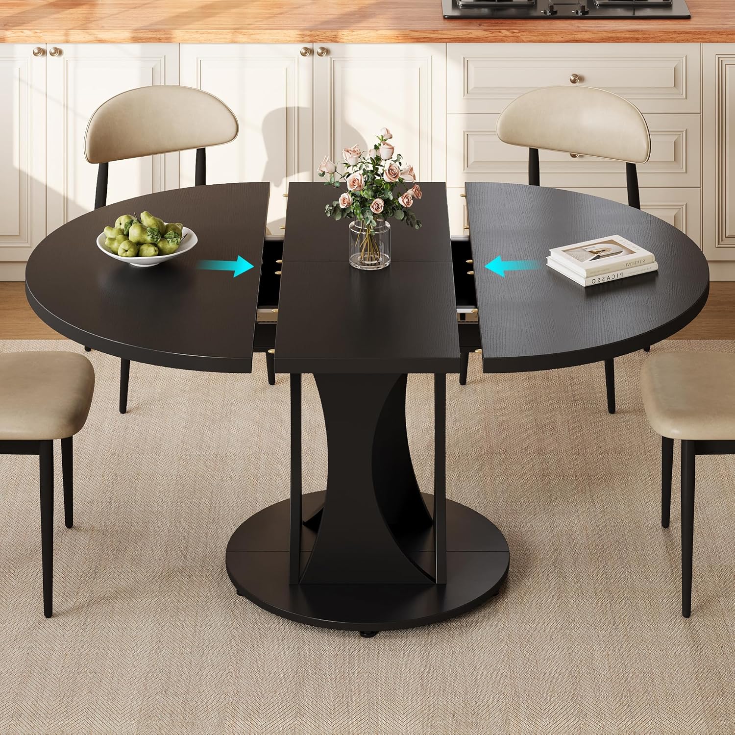 Einhomn 59' Extendable Round Dining Table for 6-8, Kitchen Table with Sturdy Double Arc Base & Backboard Clasp Desktop, Mid-Century Modern Dinner Table, Kitchen Dining Room, Space Saving, Black