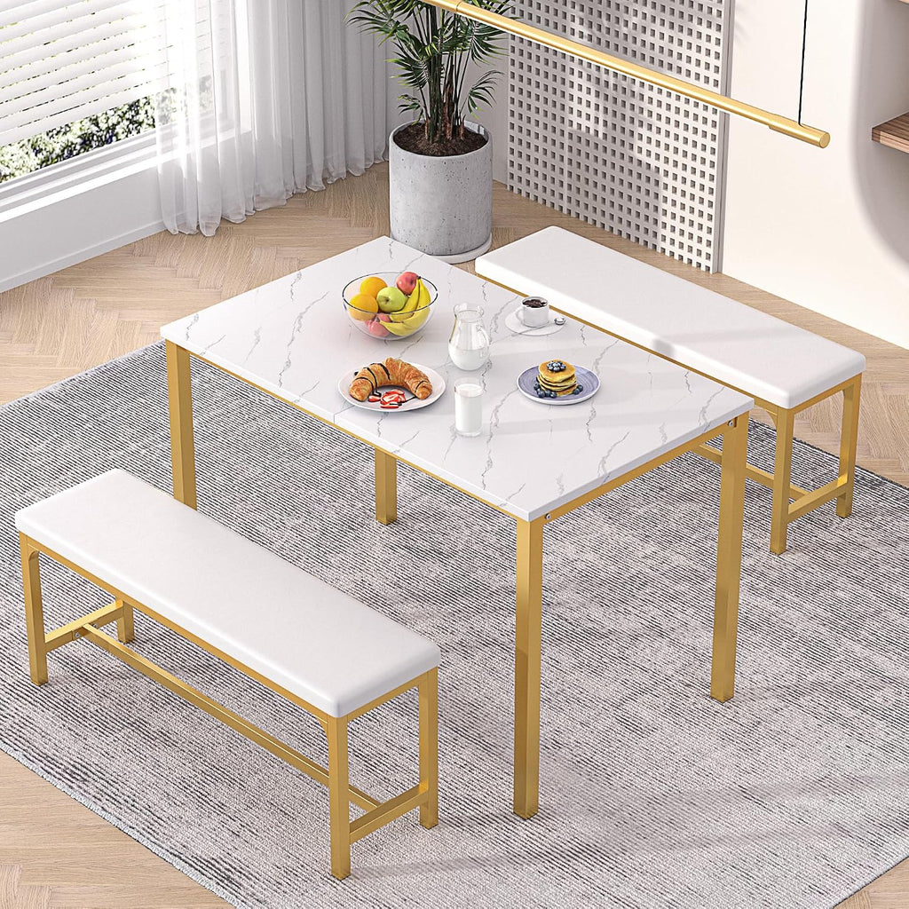 VECELO 3-Piece 63' Extendable Kitchen Table with Benches/Chairs, Modern Breakfast Dinette/Dining Room Set for 4/6/2, Small Space Saving Design, Easy Assembly