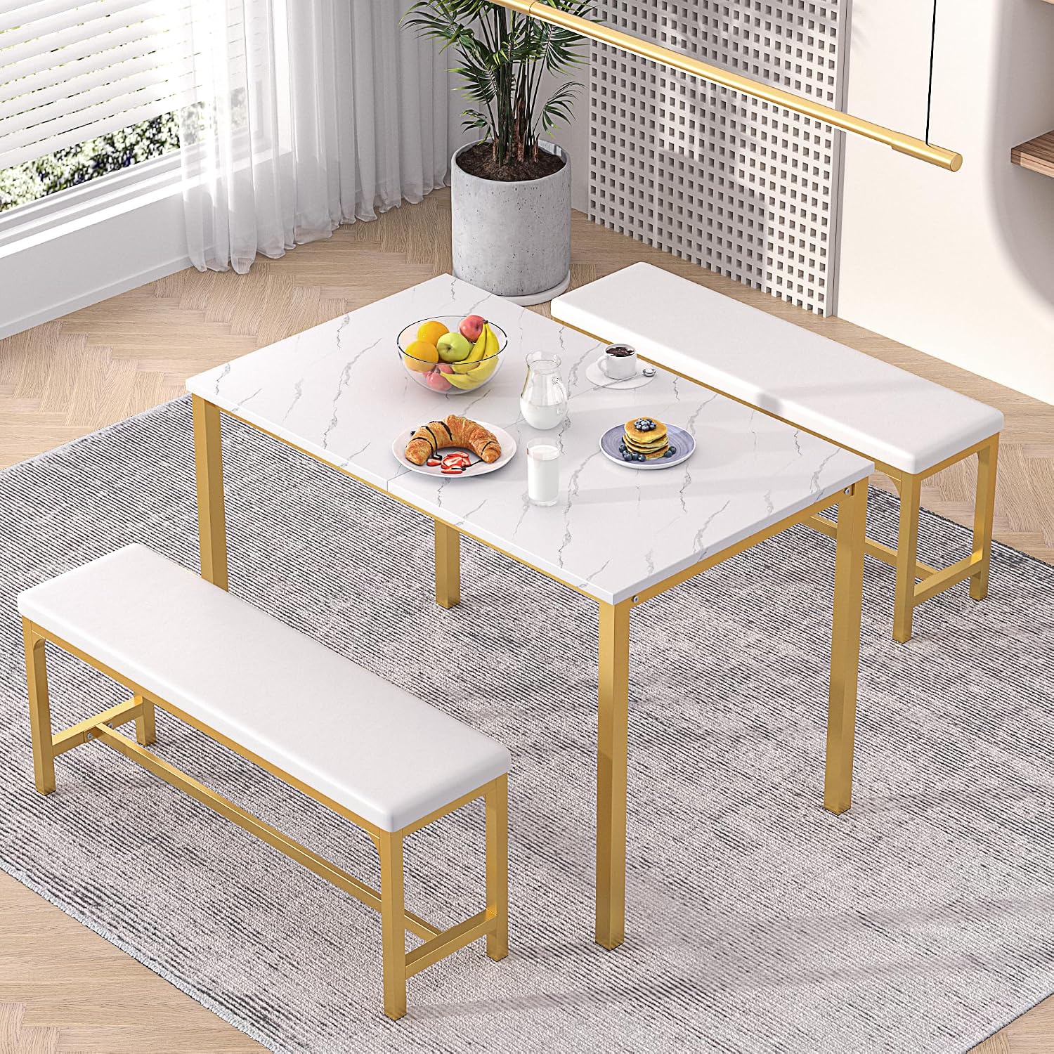 VECELO 3-Piece 63' Extendable Kitchen Table with Benches/Chairs, Modern Breakfast Dinette/Dining Room Set for 4/6/2, Small Space Saving Design, Easy Assembly