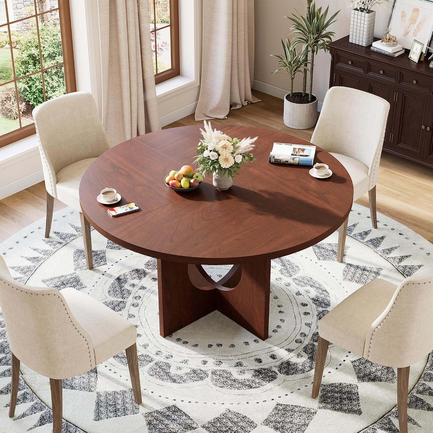 IDEALHOUSE 47' Round Dining Table, Kitchen Table for 4-6 People, Circle Tables with Sturdy Pedestal Base, Space Saving Dinning Room Furniture for Living Room, Kitchen, Apartment, Walnut