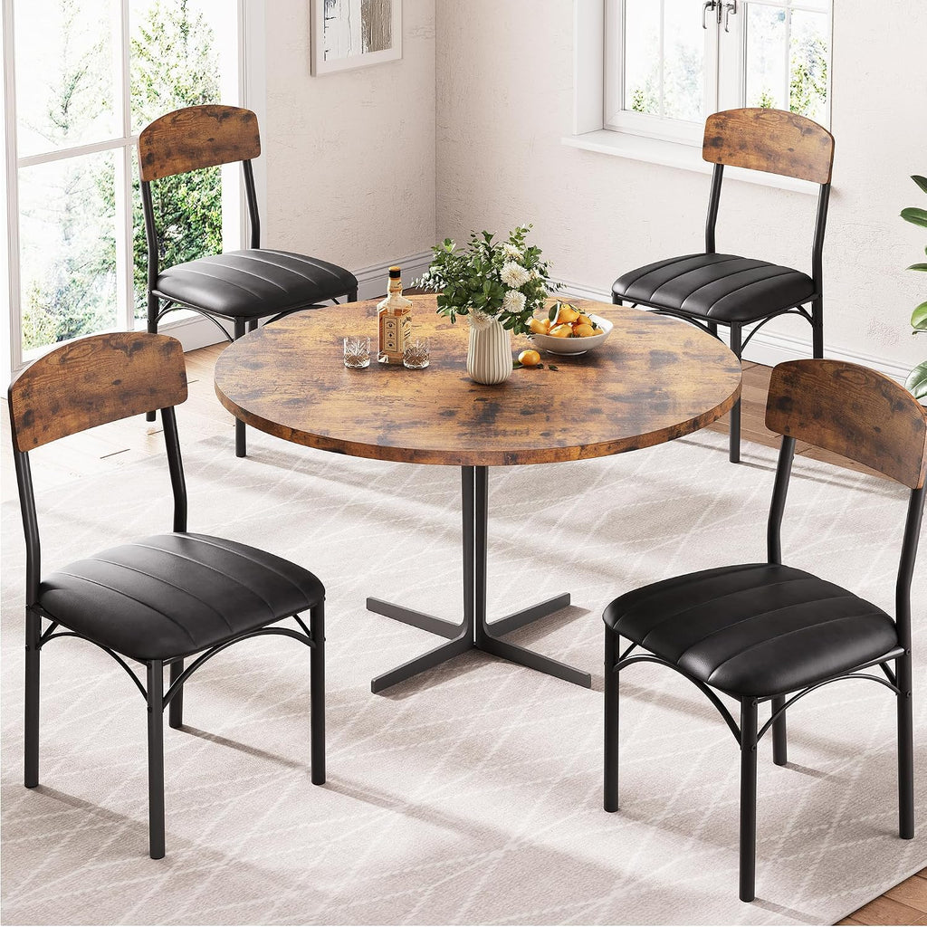 Jocoevol Dining Chairs Set of 4 - Upholstered Dining Room Chairs with PU Leather, Industrial Kitchen Chairs with Wooden Backrest and Thickened Metal Legs, for Dining Room, Living Room (Vintage)