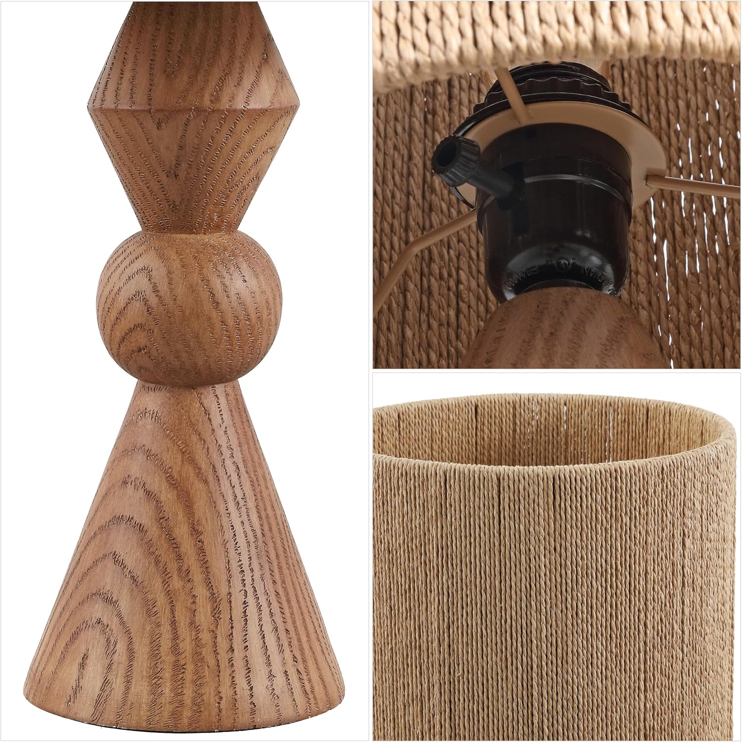 JONATHAN Y 23.5' Brown Wood Finish Rustic Table Lamp for Living Room Bedroom with Brown Paper Rope Shade, Modern Farmhouse Resin Nightstand Lamp, LED Bulb Included JYL9202A