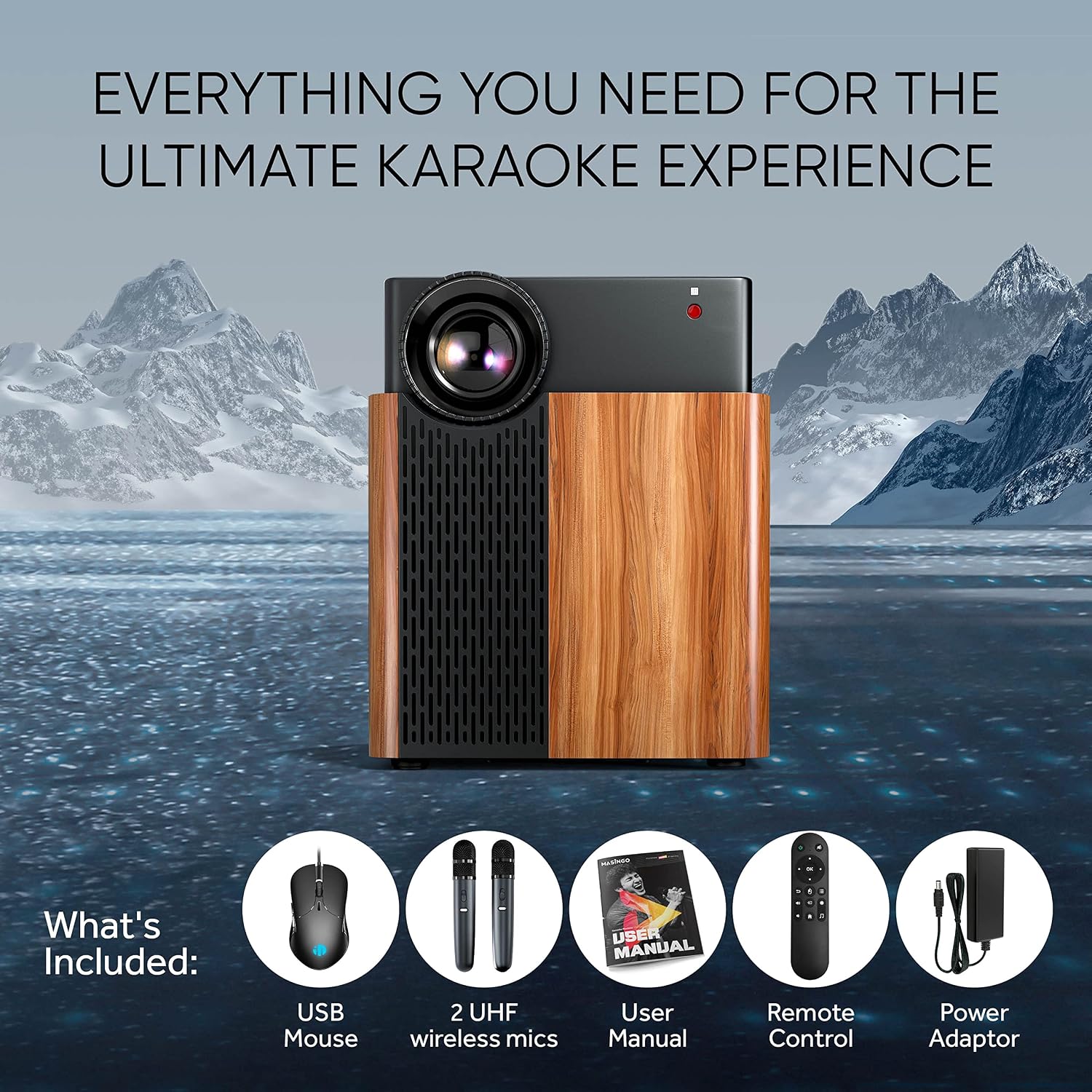 MASINGO 4-in-1 Portable Karaoke Machine with Smart 1080p Projector w/WiFi, Speaker & 2 Wireless Microphones. Built-in Android System for Lyrics Display Apps, Netflix, YouTube.