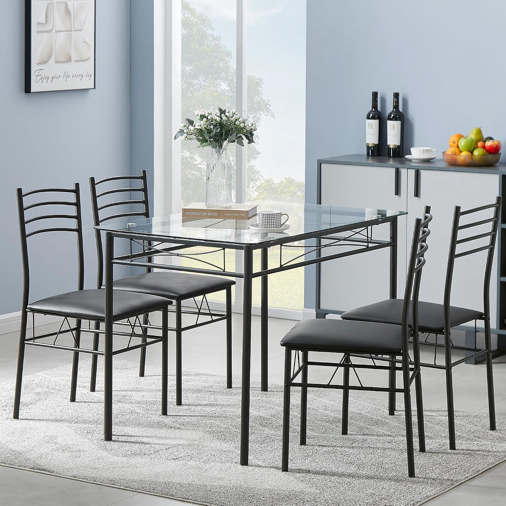 VECELO Dining Table Set for 4, 5-Piece Glass Kitchen Table with Upholstered Padded Chairs for Small Space, Breakfast Nook, Space-Saving, Black