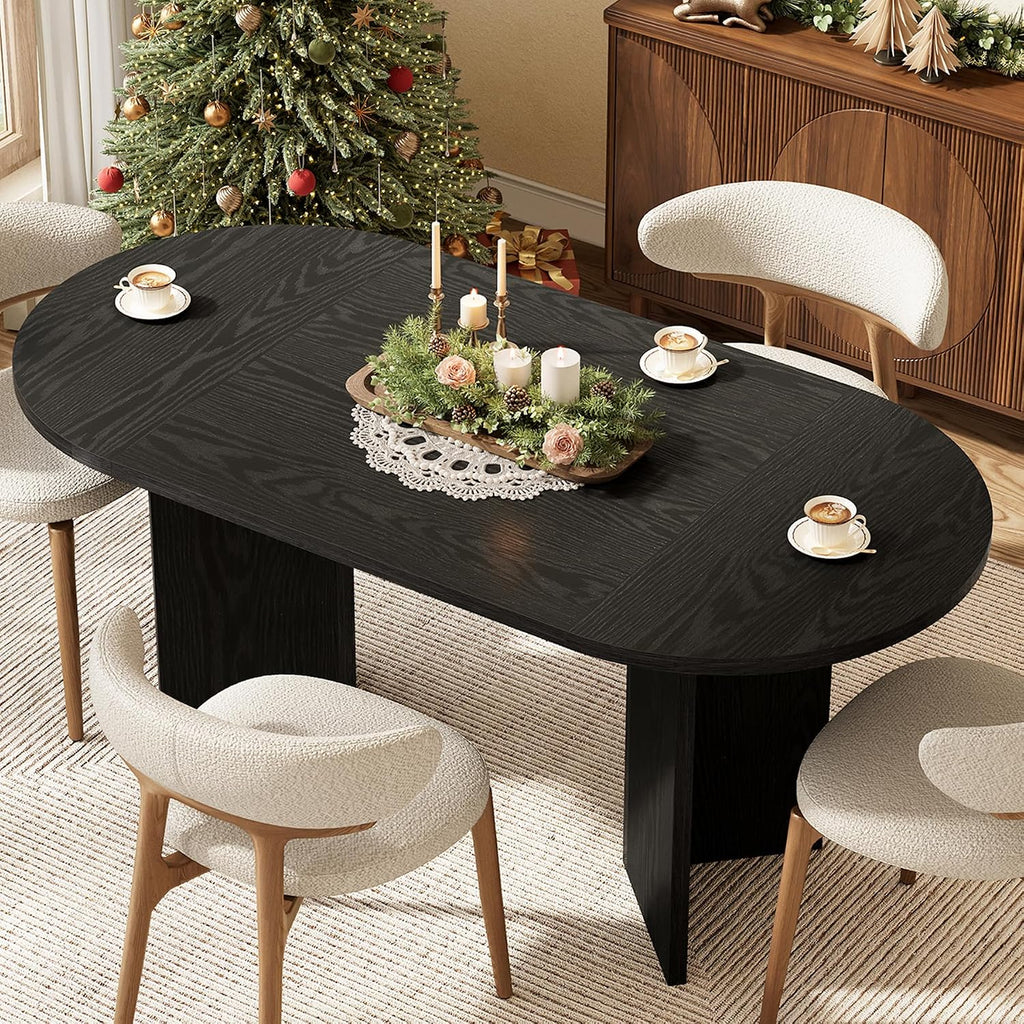 LITTLE TREE 63' Rustic Oval Dining Table for 4-6, Sturdy MDF Farmhouse Kitchen Table with Metal Strip Base, for Living Room, Office, Restaurant, Multi-Use, Black