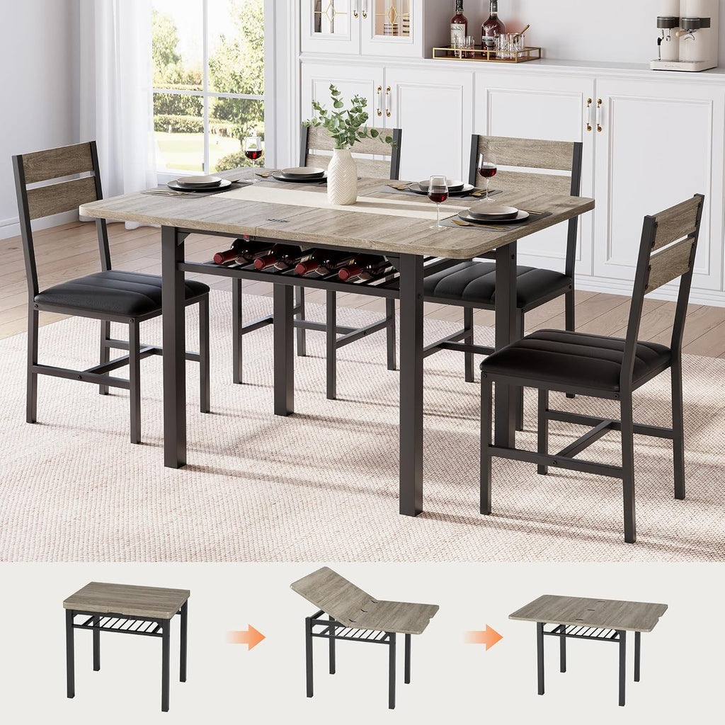 MapleGrace Dining Table Set for 4, Extendable Kitchen Table with 4 PU Leather Upholstered Dining Room Chairs, Wood Kitchen Table Set with Built-in Storage Rack for Dining & Small Spaces, Grey