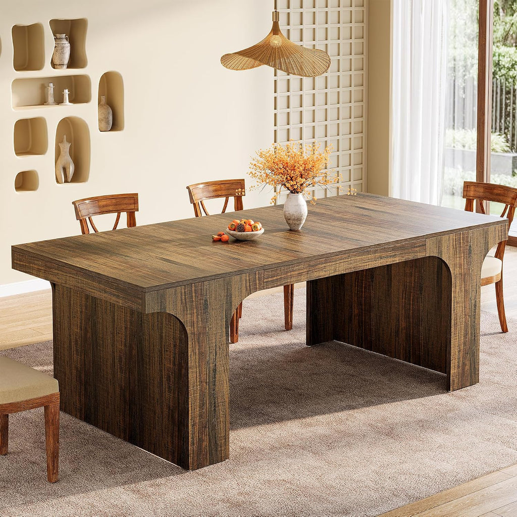Tribesigns 71-Inch Farmhouse Dining Table for 6-8, Long Modern Wooden Kitchen Table with Arched Design, Large Rectangular Dining Furniture with Double Pedestal for Dinner Room, Rustic Brown