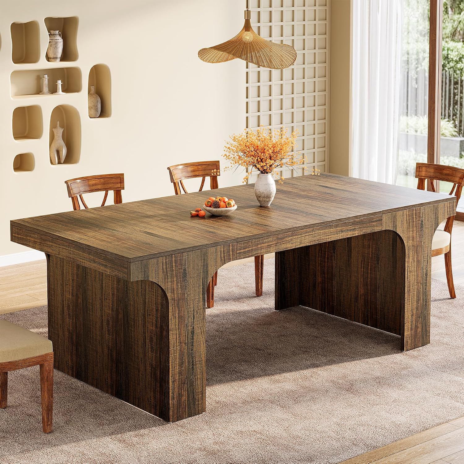 Tribesigns 71-Inch Farmhouse Dining Table for 6-8, Long Modern Wooden Kitchen Table with Arched Design, Large Rectangular Dining Furniture with Double Pedestal for Dinner Room, Rustic Brown