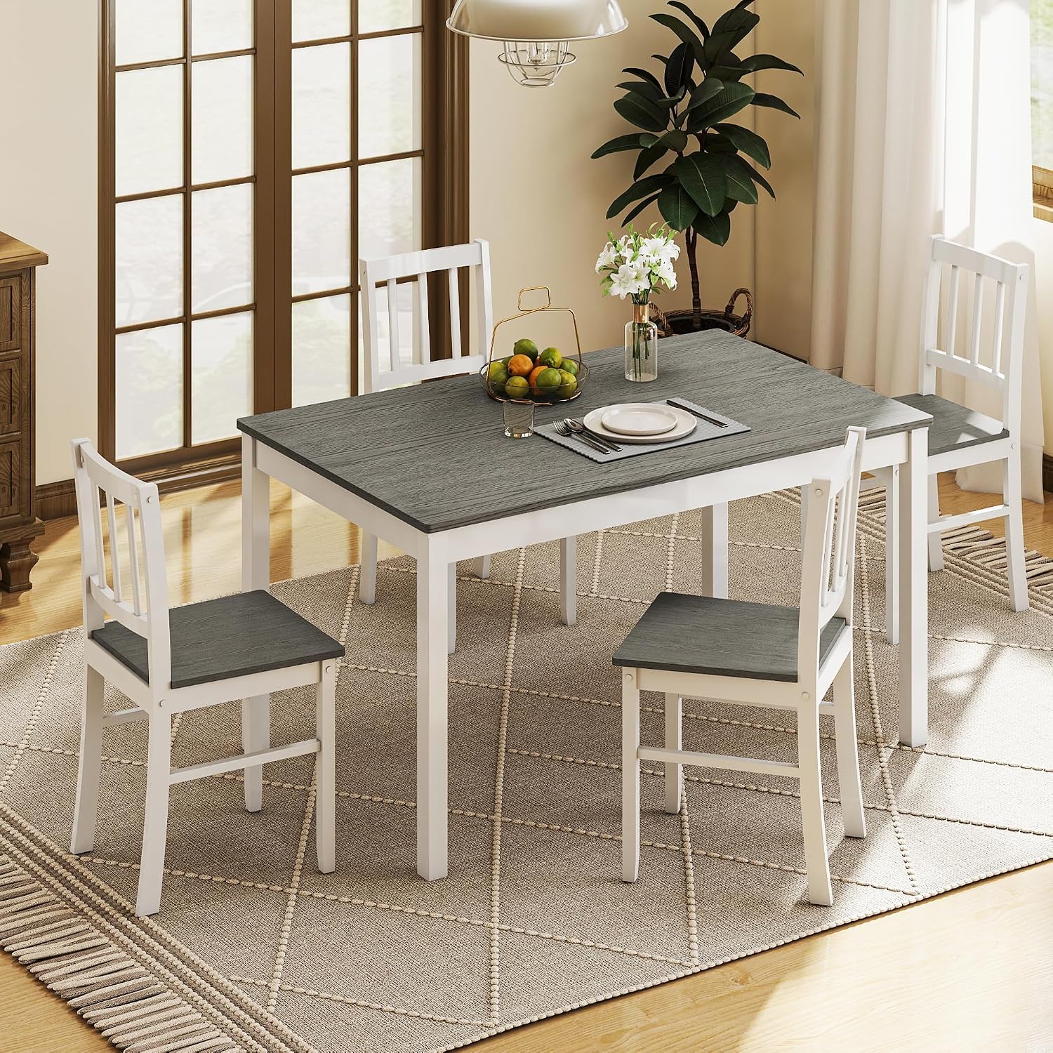 5-Piece Dining Table Set for 4, Solid Wood Farmhouse Rectangular Kitchen Table Set with 4 Chairs, Space-Saving Wooden Dinette Set for Small Space, Dining Room, Breakfast Nook, Grey & White