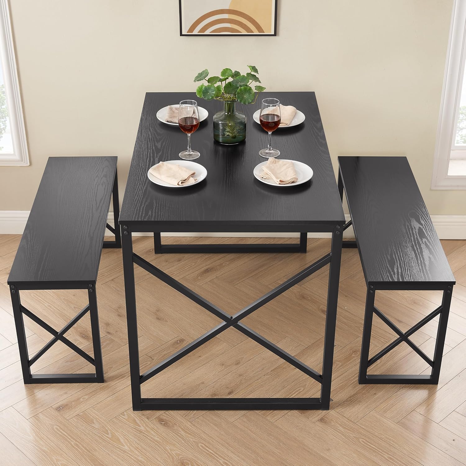 VECELO 43.3' Kitchen Dining Table Set for 4, Heavy-Duty Steel Frame & Wood-Grain Tabletop, Spaving Saving Dinette Sets with 2 Benches for Breakfast Nook and Small Space, Black