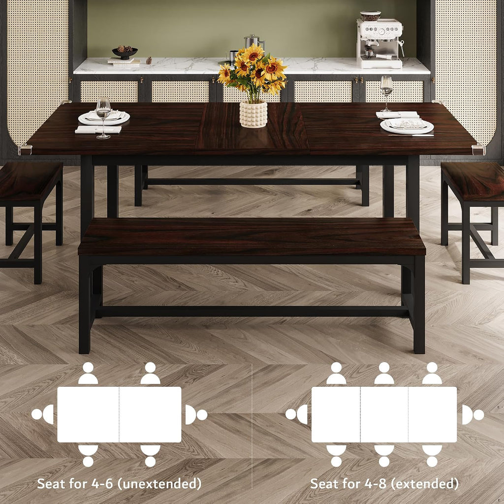 iPormis 5-Piece Dining Table Set for 4-8 People, Extendable Kitchen Table Set with 2 Benches and 2 Square Stools, Mid-Century Dining Room Table with Metal Frame & MDF Board, Saving Space, Espresso
