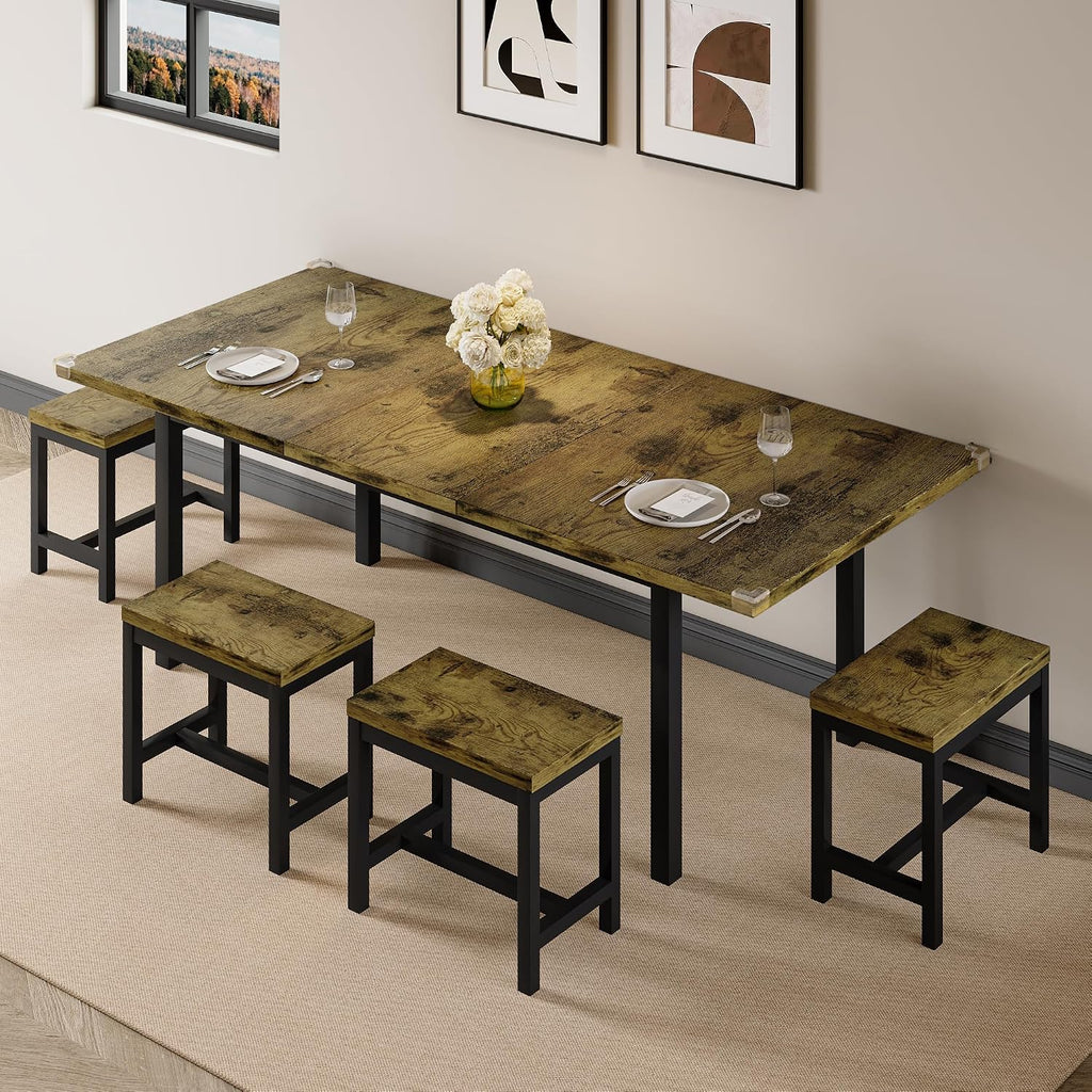 Einhomn 7-Piece Dining Table Set, 63' Extendable Kitchen Room Table with 6 Stools, Mid Century Modern Dinner Table with Metal Frame & MDF Board, Space-Saving, Easy Assembly, Rustic Brown