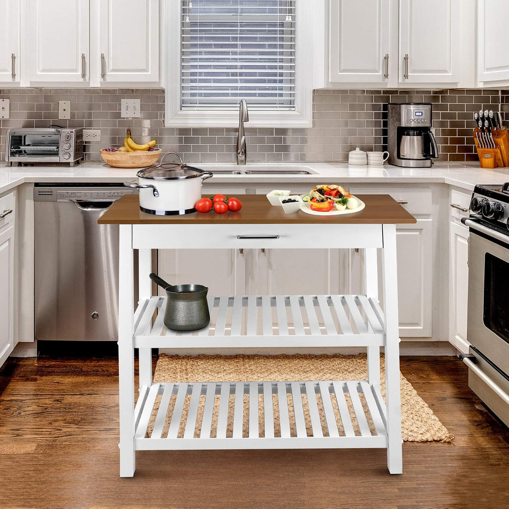 Kitchen Island with Solid Wood Top, White & Cherry Natural
