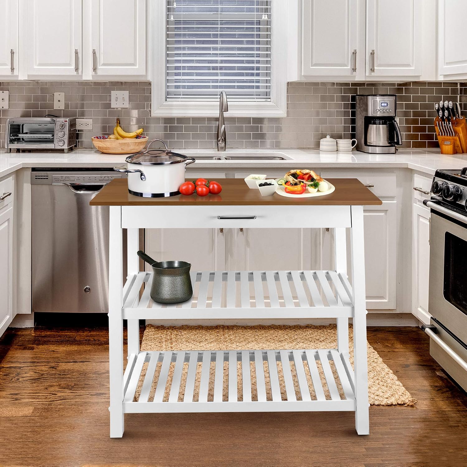 Kitchen Island with Solid Wood Top, White & Cherry Natural