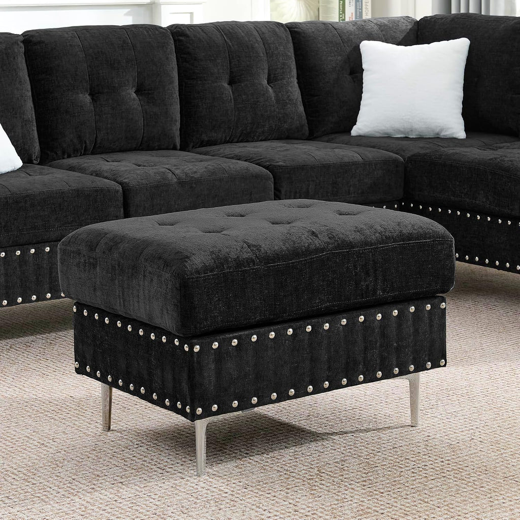 102' L-Shaped Sectional Coch with Chaise & Storage Ottoman, 4-Seater Chenille Upholstered Corner Sofa Couch with Metal Legs & Copper Rivets, Sectional Couches for Living Room with Pillow Back, Black