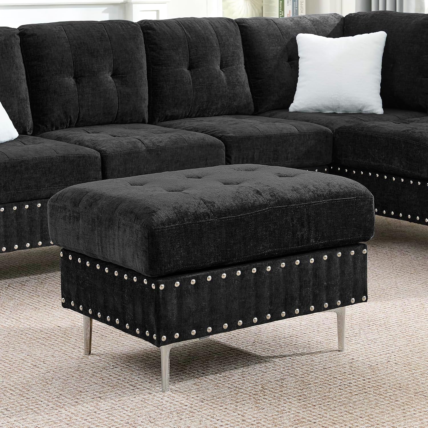 102' L-Shaped Sectional Coch with Chaise & Storage Ottoman, 4-Seater Chenille Upholstered Corner Sofa Couch with Metal Legs & Copper Rivets, Sectional Couches for Living Room with Pillow Back, Black