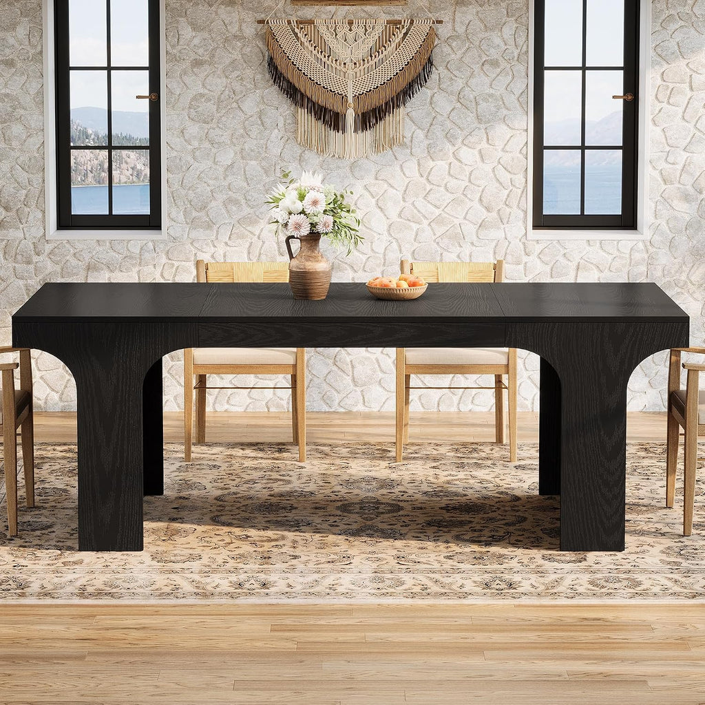 Tribesigns 71-Inch Farmhouse Dining Table for 6-8, Long Modern Wooden Kitchen Table with Arched Design, Large Rectangular Dining Furniture with Double Pedestal for Dinner Room, Black